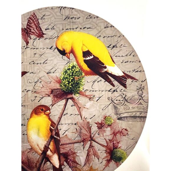 GLASS PLATTER-NOTIONS-"Goldfinch"-Ruffled Edges-Large 14" Diameter-Birds - Picture 2 of 13